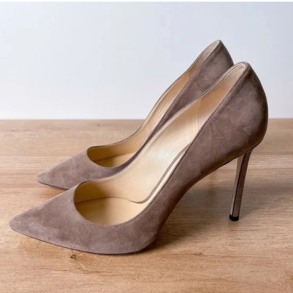 Jimmy Choo Women's Sz 41.5 US 11.5 Love 100 Khaki Taupe Suede Leather Heel Pumps